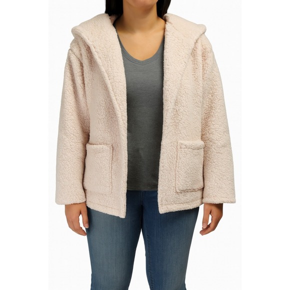 Forever‎ 21 Pink Sherpa Hooded Open Front Cardigan Sweater Large - Picture 1 of 6